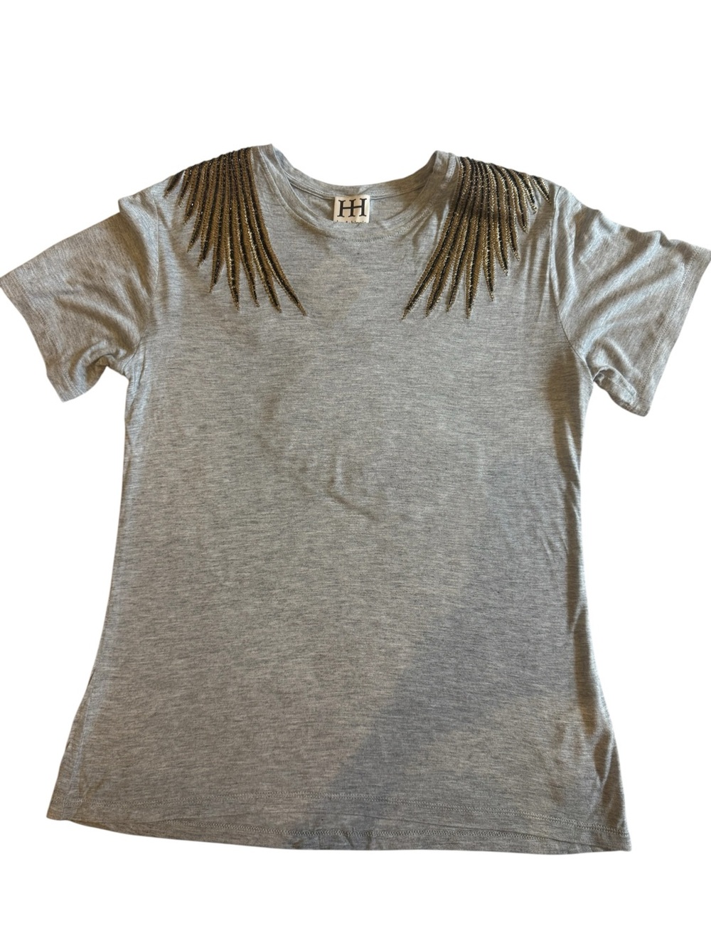 Haute Hippie Gray Tee with Beaded Shoulder Detail